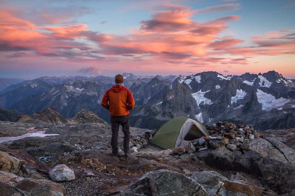 Hiker at sunset in North Cascades National Park