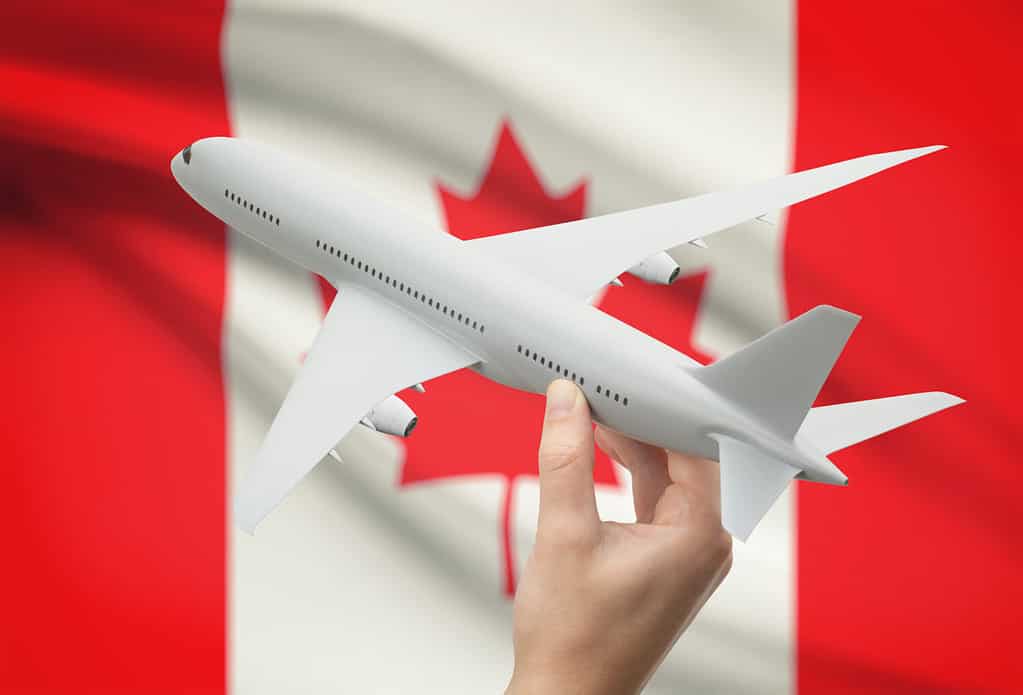 Airplane in hand with national flag on background - Canada