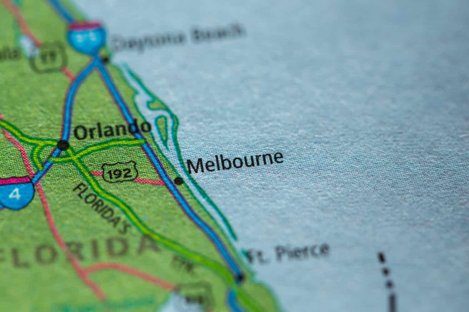 Closeup of Melbourne, Florida on a geographical map.