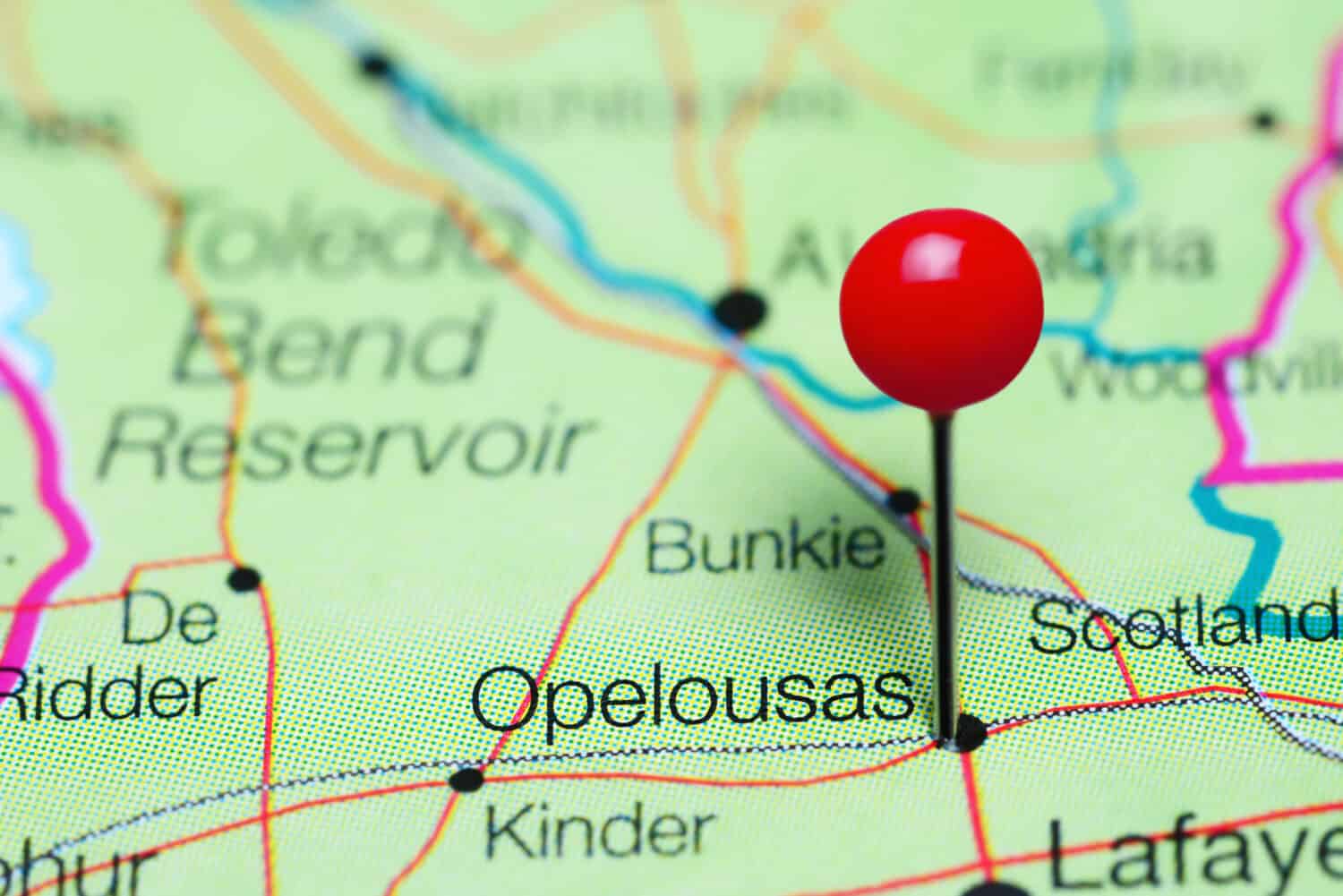 Opelousas pinned on a map of Louisiana, USA