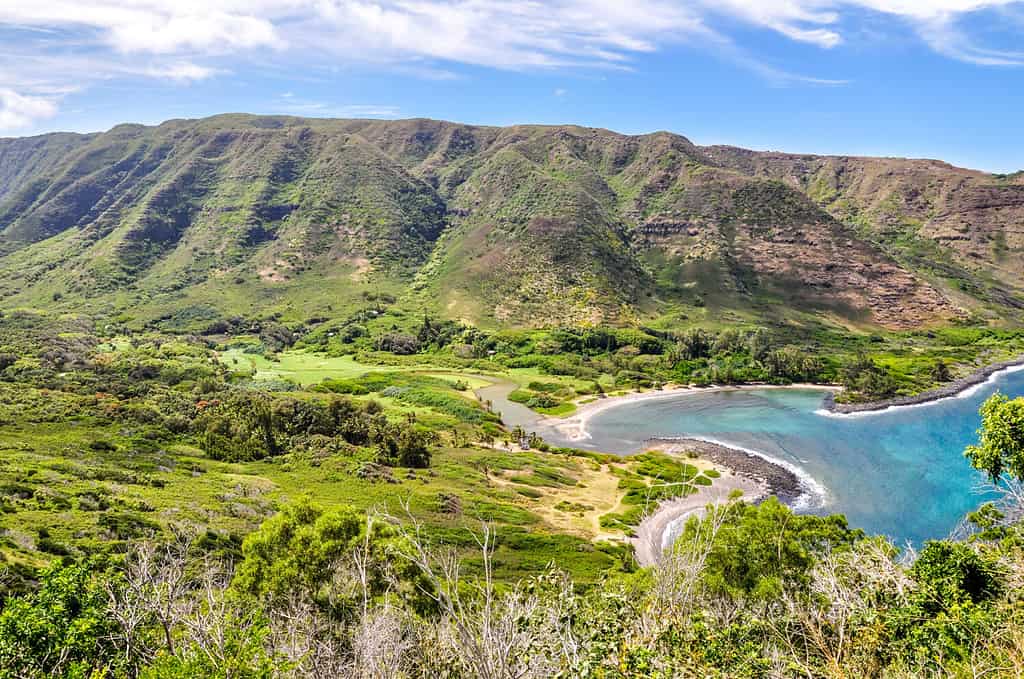 Beautiful view of Halawa Beach Park and the Halawa Valley on the remote island of Molokai (Moloka'i), Hawaii, USA.Two beaches, Kamaalaea and Kawili, are located in the bay. Popular tourist attraction.