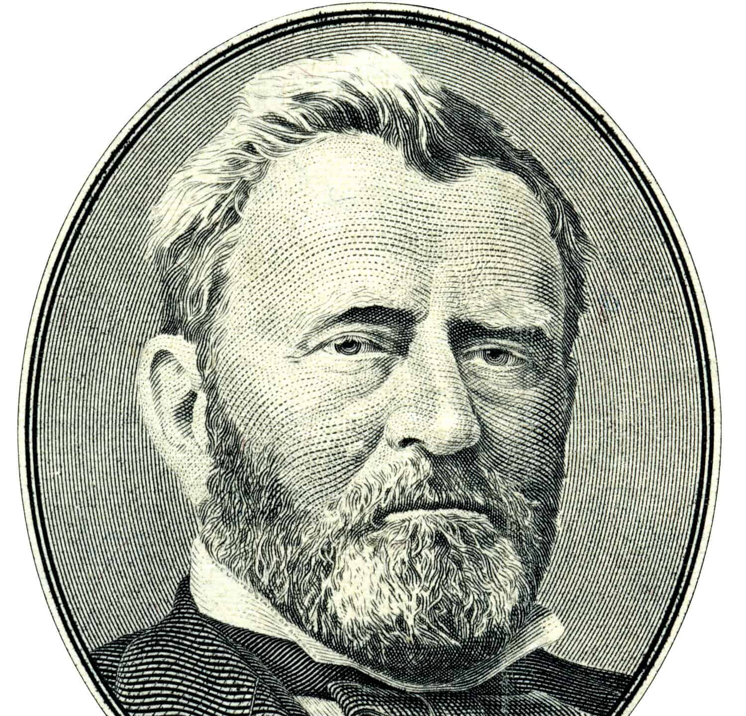 Portrait of U.S. statesman, inventor, and diplomat Ulysses S. Grant as he looks on fifty dollar bill obverse. Clipping path included.