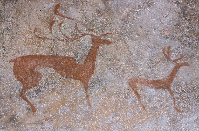 Relying on the rock cave wall is ocher paint, an ancient prehistoric Neanderthal. A herd of deer, prehistoric animals.