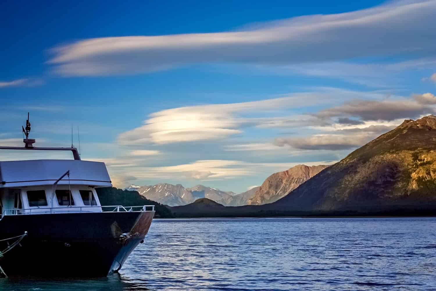 Boat transporting tourists across beautiful Lago O Higgins from  Chile to Argentina
