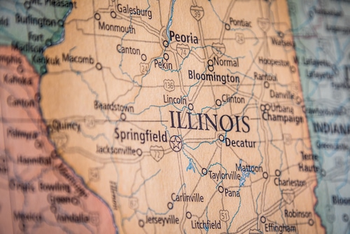 Closeup Selective Focus Of Illinois State On A Geographical And Political State Map Of The USA.