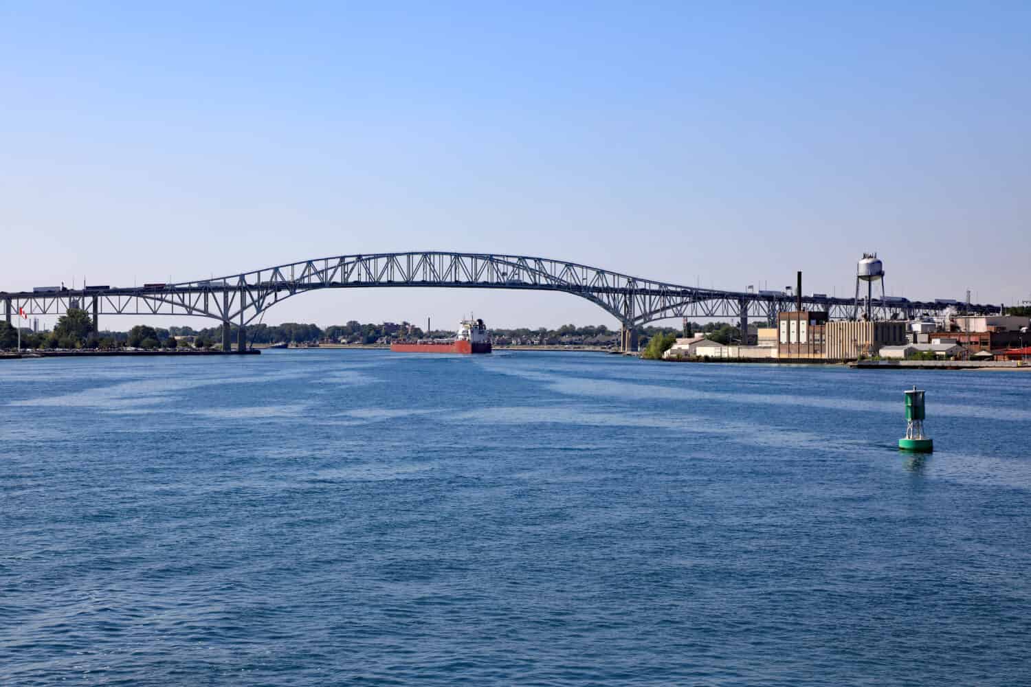 The Blue Water Bridge connecting Port Huron in Michigan, USA with Port Edward in Canada, a two span international bridge over the St. Clair River.