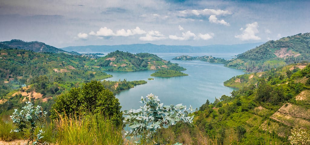Panoramic top view of Lake Kivu, majestic landscape, Rwanda, image unfocused