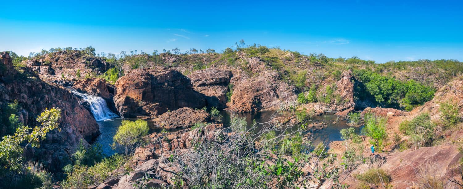 Panoramic view of the upper waterfall and pools at Edith Falls on on Leilyn Trail along Edith River, in the Nitmiluk National Park, Northern Territory,  Australia.