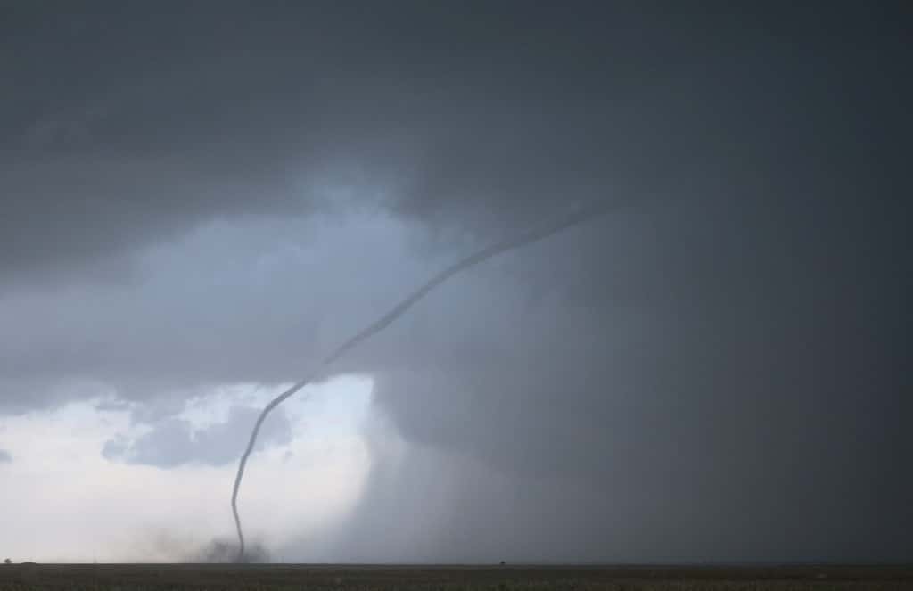 A roped out tornado, just before it lifts back into the clouds