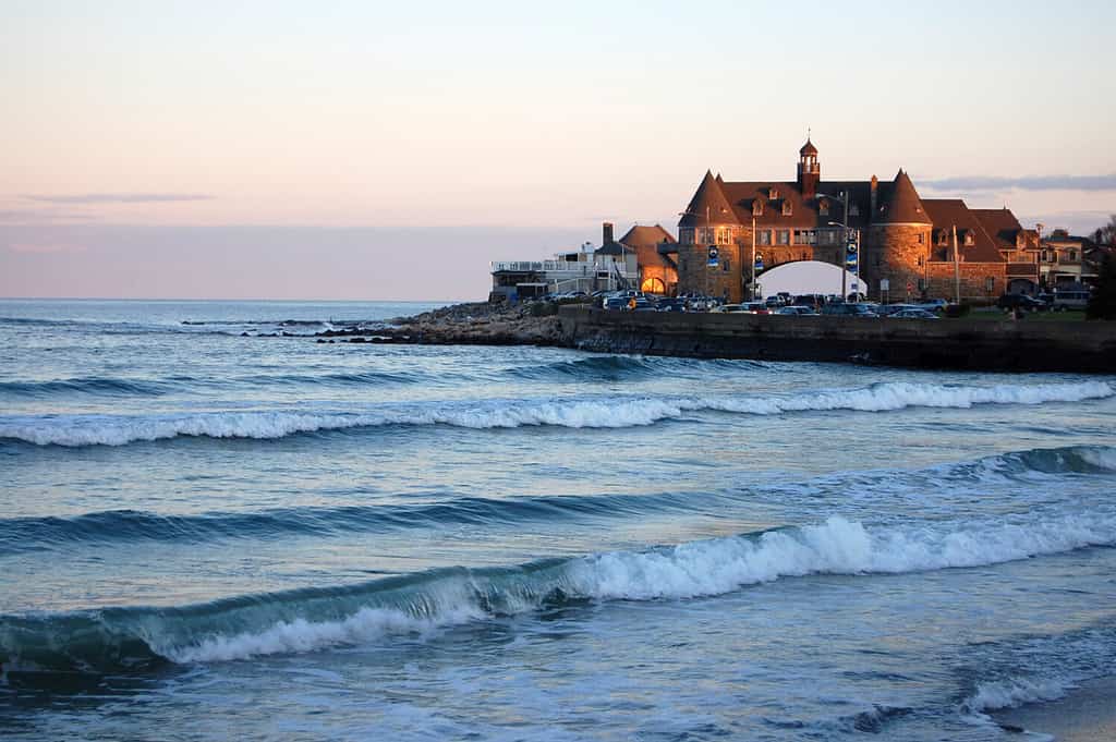 Narragansett Beach, Rhode Island. Tower landmark building in distance.