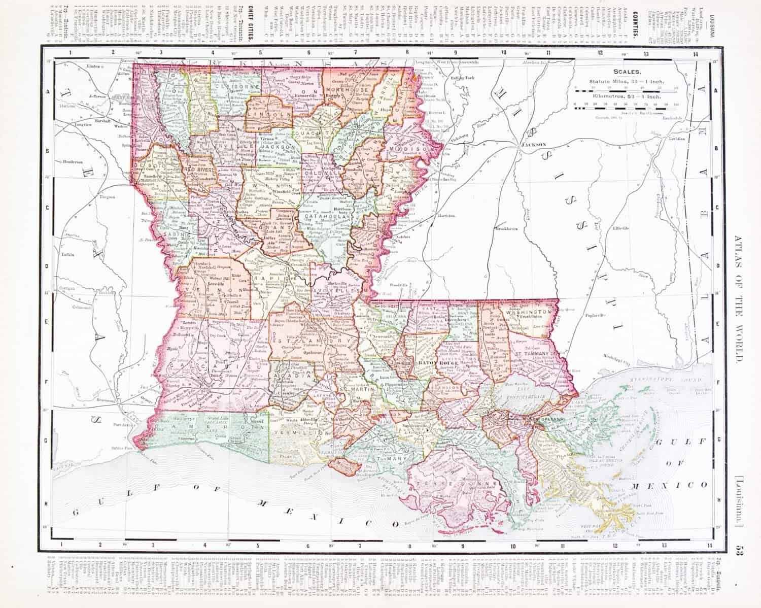 A map of Louisiana, USA from Spofford's Atlas of the World, printed in the United States in 1900, created by Rand McNally & Co.