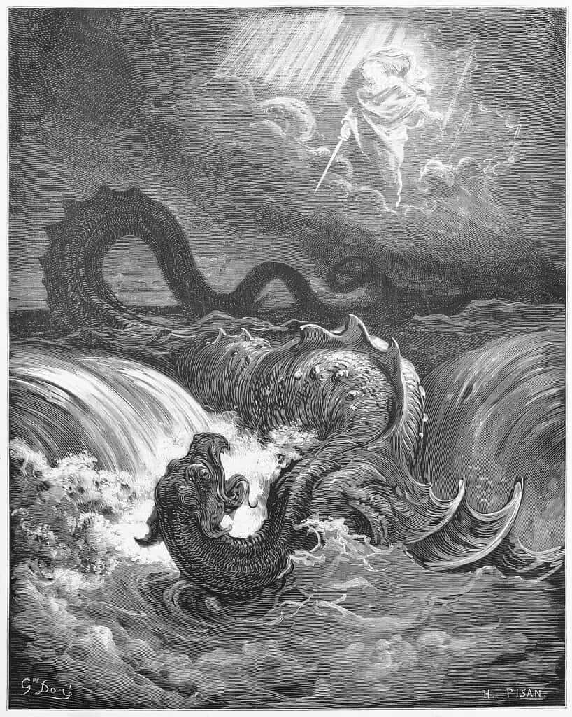 The Destruction of Leviathan - Picture from The Holy Scriptures, Old and New Testaments books collection published in 1885, Stuttgart-Germany. Drawings by Gustave Dore.