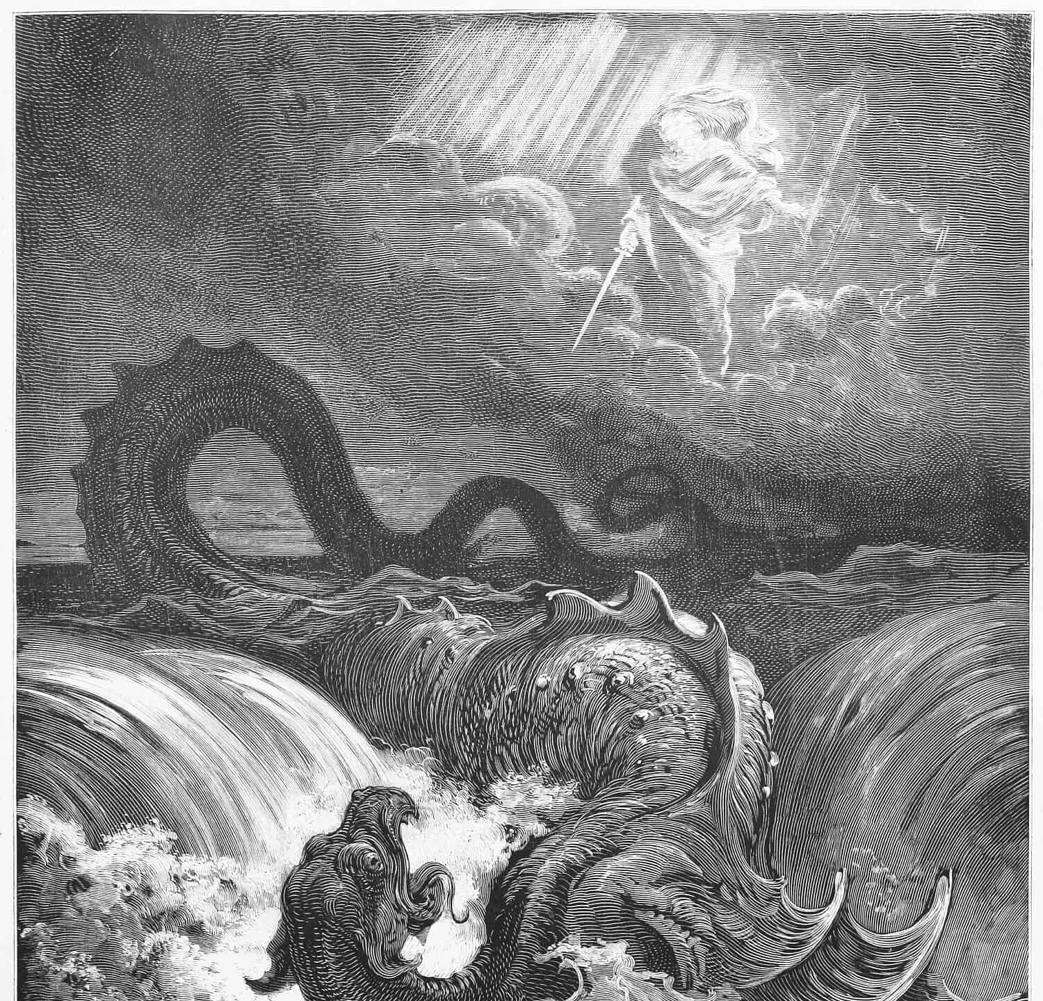 The Destruction of Leviathan - Picture from The Holy Scriptures, Old and New Testaments books collection published in 1885, Stuttgart-Germany. Drawings by Gustave Dore.