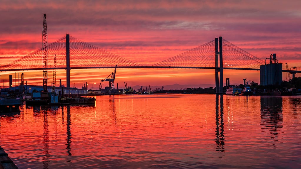 Talmadge Memorial Bridge and US 17 at sunset goes over Savannah River between Savannah Georgia and Hutchinson Island