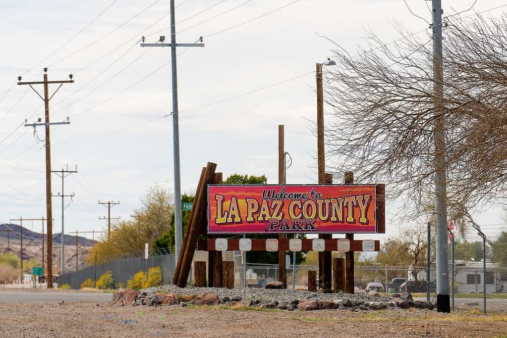 Welcome to La Paz County Park sign in Parker, Arizona.