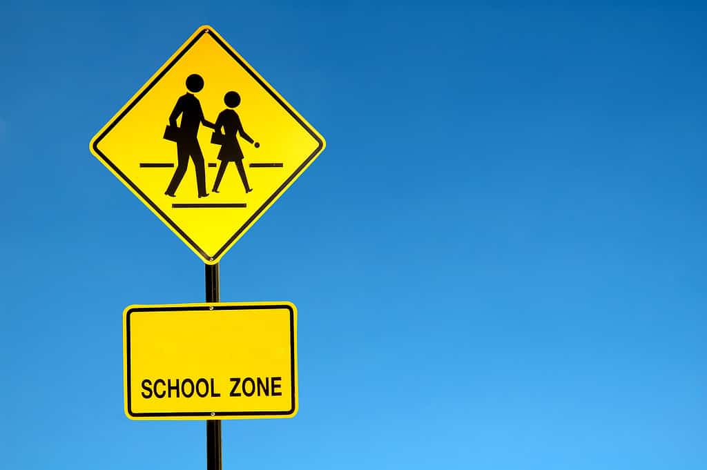 Yellow square sign with two black silhouettes in a cross walk. Below a yellow rectangle sign has black words " school Zone."
