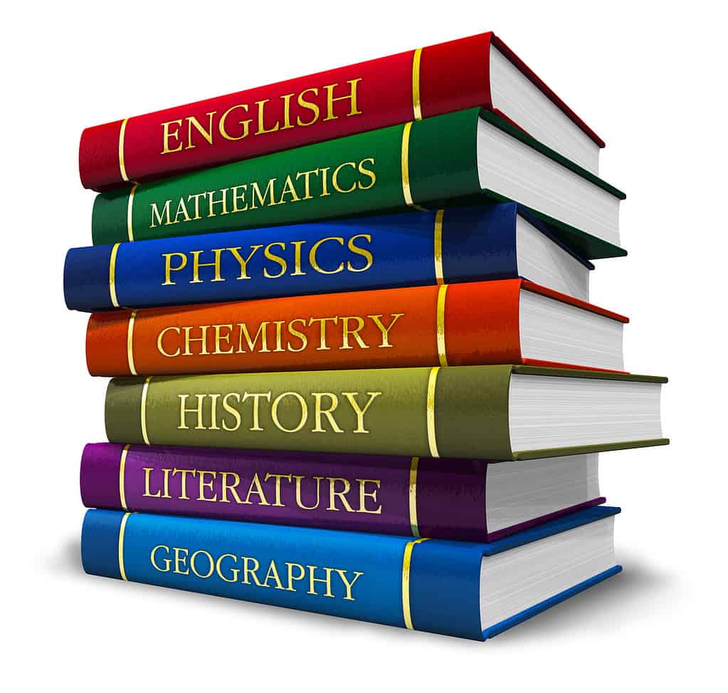 Stack of colorful textbooks with gold lettering on spines. The books are all labeled with high school classes: English, Mathematics, physics, Chemistry, History, Literature, and geography. The books are textbooks isolated on white background