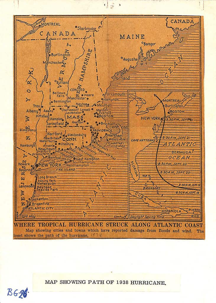Map showing the path of the great hurricane of 1938, the great new england hurricane, the long island express, the yankee clipper