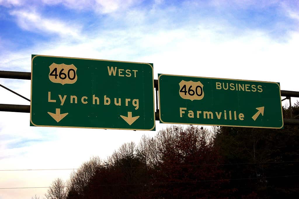 Highway sign for Lynchburg and Farmville, VA
