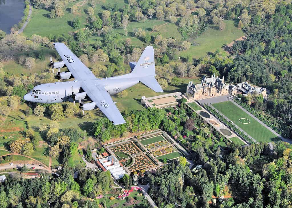 C-130 H2 flying over the Biltmore Mansion A C-130 H2 aircraft from the 440th Airlift Wing stationed on Pope AFB, North Carolina, flyes over the Biltmoore Mansion, which is the largest privately owned home in the United States.