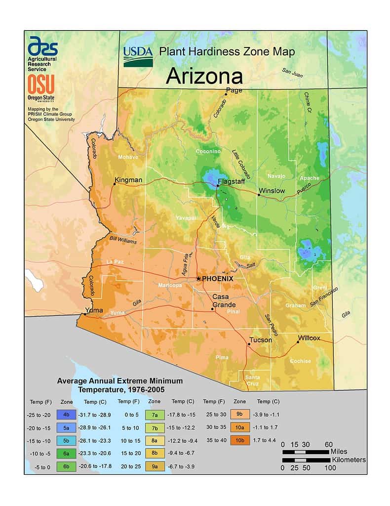 USDA Hardiness Zone Map of Arizona