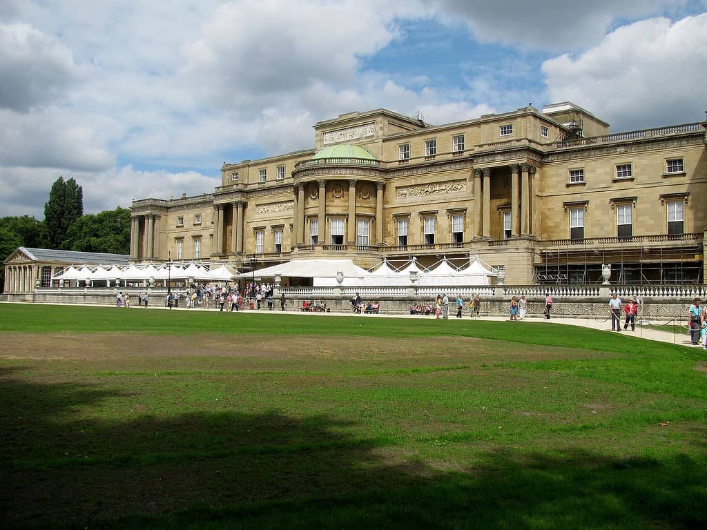 Buckingham Palace as seen from Green Park, London, England