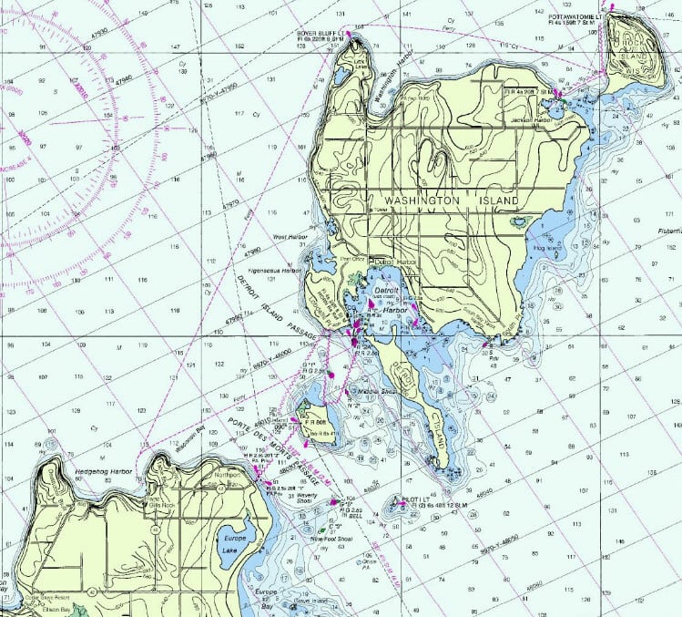 A map of Death's Door, in Door County, Wisconsin. It is a site of many shipwrecks.