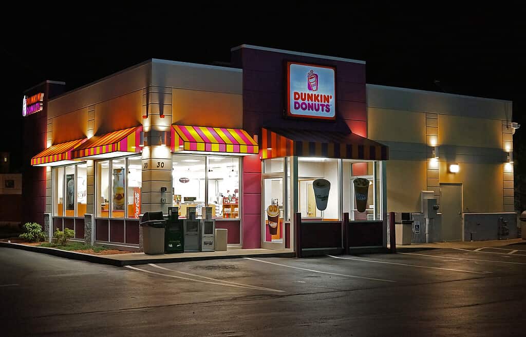Dunkin Donuts restaurant, Revere, Massachusetts USA. Night view.