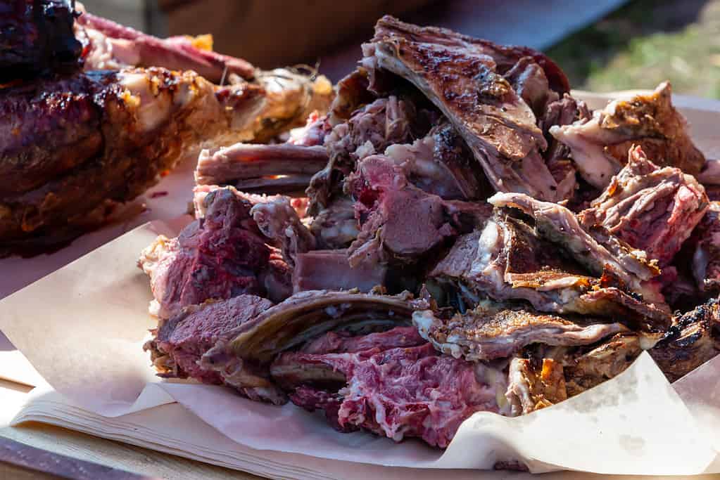 dark meat moose ribs wild natural prey hunter pile food delicious grilled on white paper table