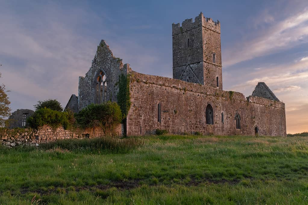 A back view of the ruins of Clare Abbey a Augustinian monastery just outside Ennis, County Clare, Ireland at sunset