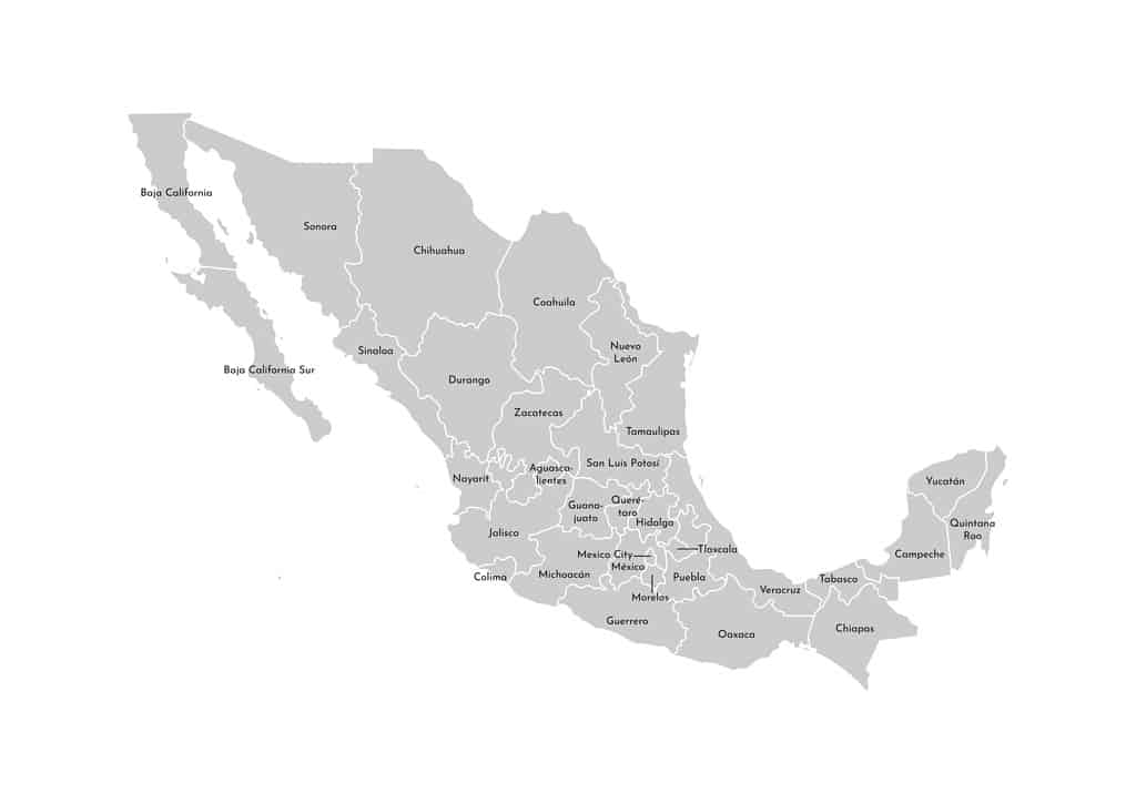 Vector isolated illustration of simplified administrative map of Mexico (United Mexican States)ï»¿. Borders and names of the provinces (regions). Grey silhouettes. White outline
