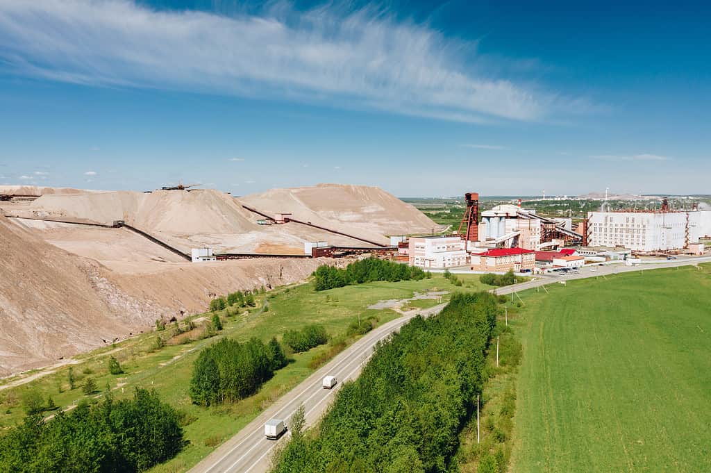 Potash fertilizer plant and huge extraction dump near Solikamsk, Perm krai, Russia. Chemical production of potassium chloride