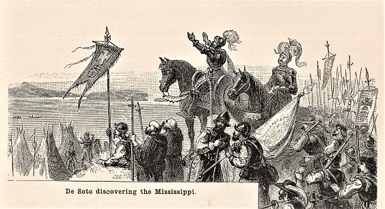 De Soto Discovers Mississippi River with Soldiers, Catholic Priests in 1541, an Illustrated Scene