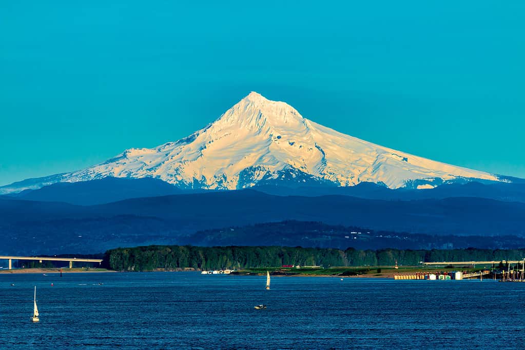 Mount Hood from I-5 Bridge Hayden Island in front of Columbia River