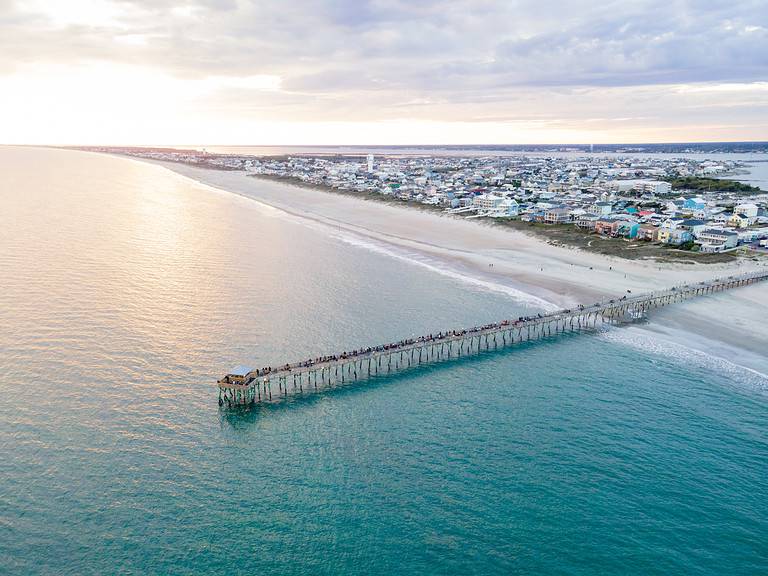 Drone View of Oceanana Pier in Atlantic Beach, North Carolina at Sunset