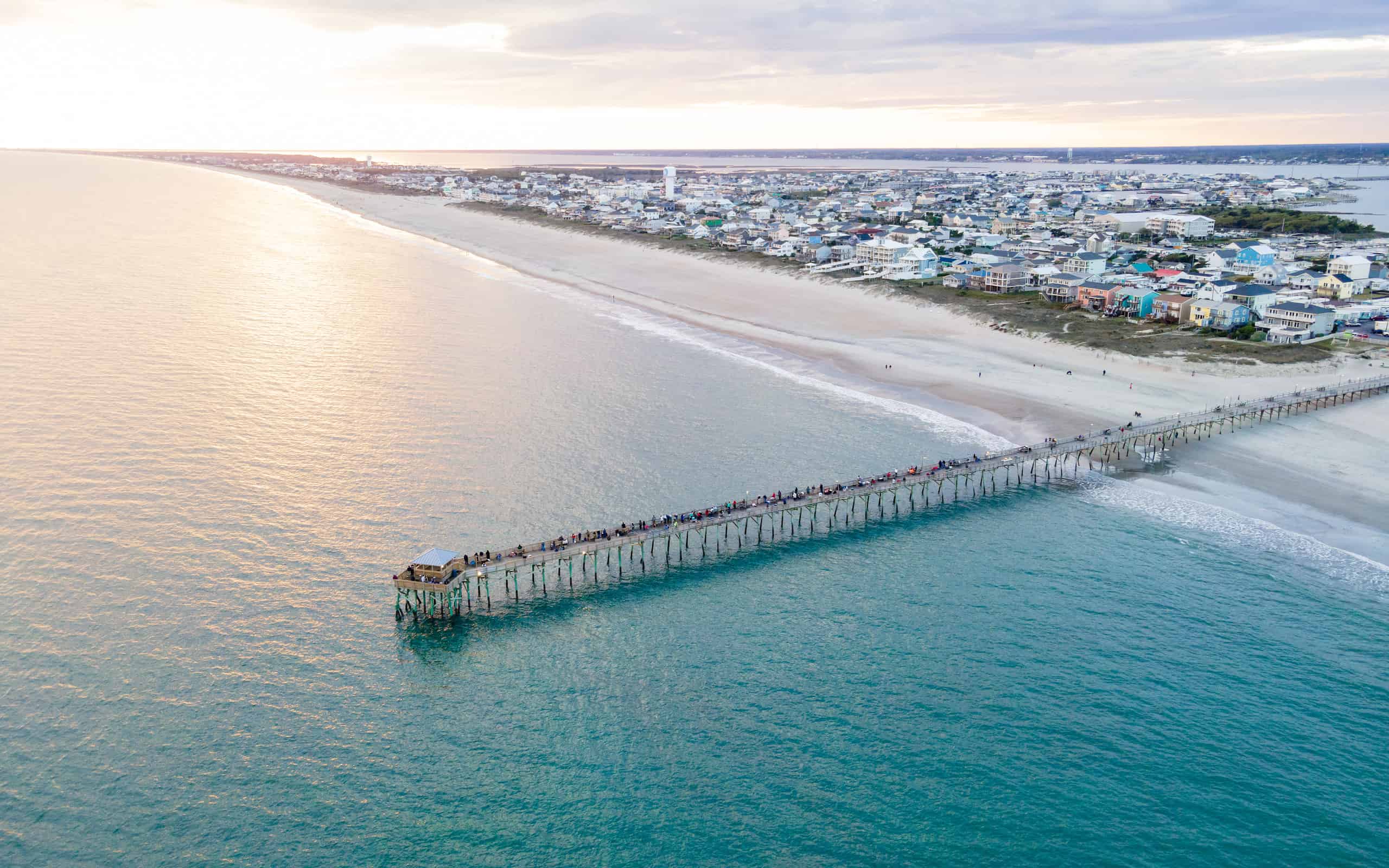Drone View of Oceanana Pier in Atlantic Beach, North Carolina at Sunset