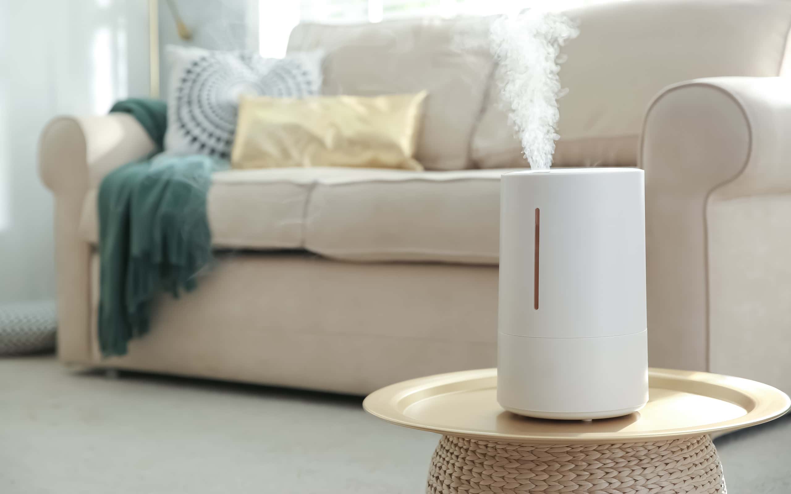 Modern air humidifier on table in living room. Space for text