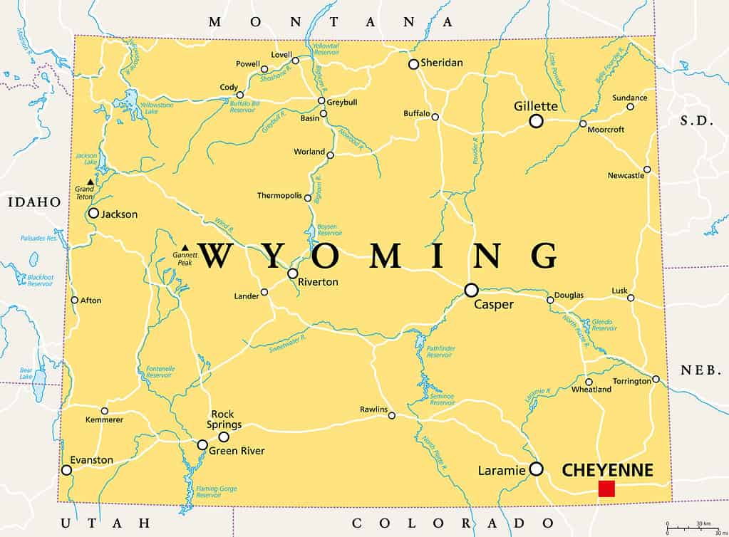 Wyoming, WY, political map, US state, nicknamed Equality State