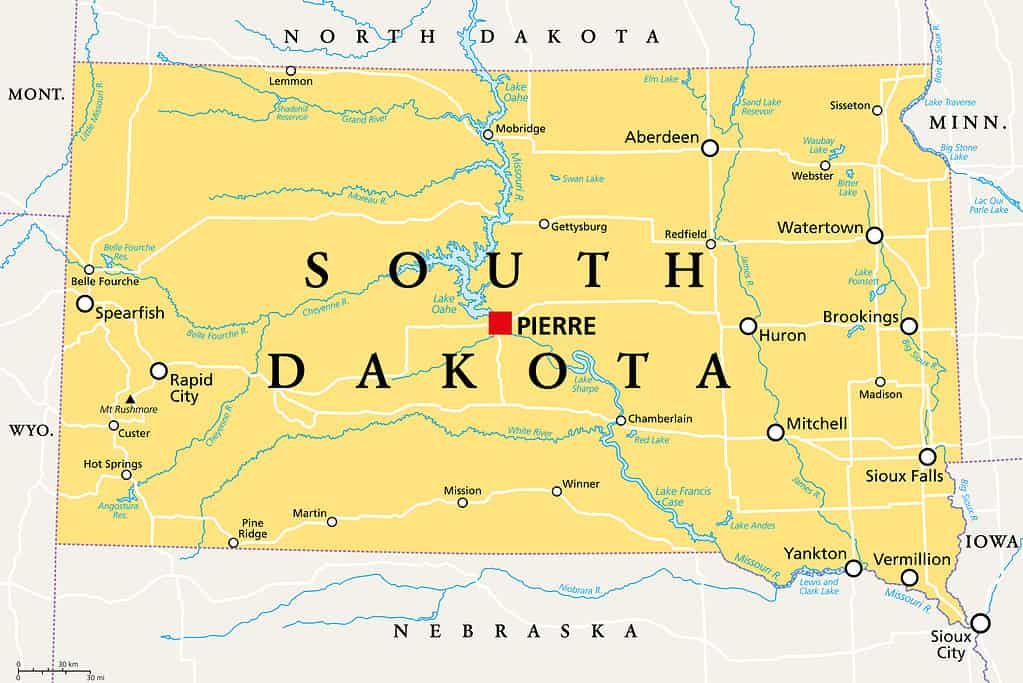 South Dakota, SD, political map, US state, The Mount Rushmore State