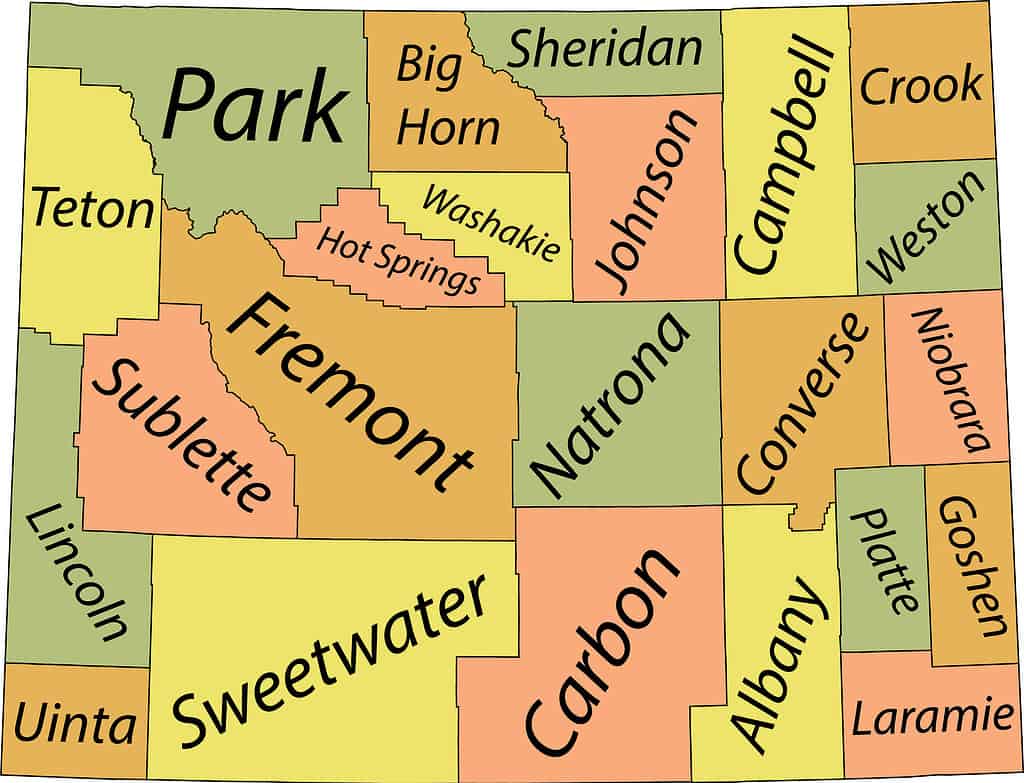 Pastel counties map of Wyoming, USA