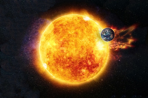 Solar activity. Solar flare and the planet Earth is under attack. Elements of this image furnished by NASA.