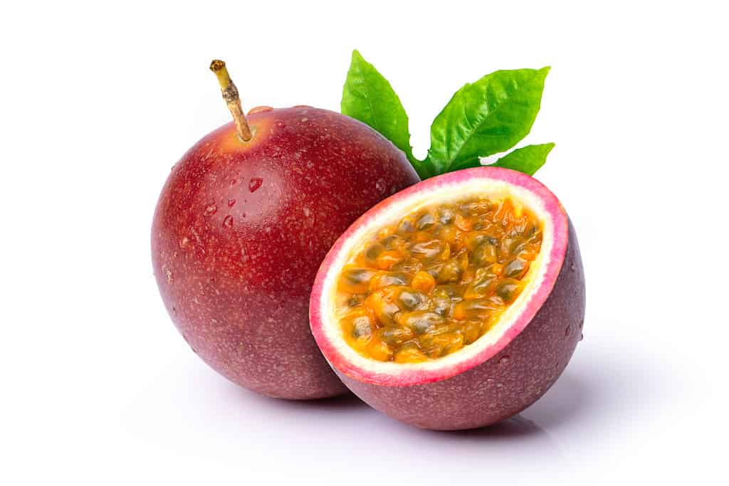 Red passion fruit with leaf