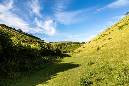 Late afternoon shadows at the bottom of Devil's Dyke in West Sussex