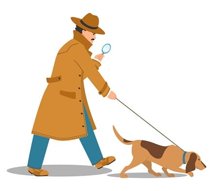 Detective holding magnifying glass follows trail with dog