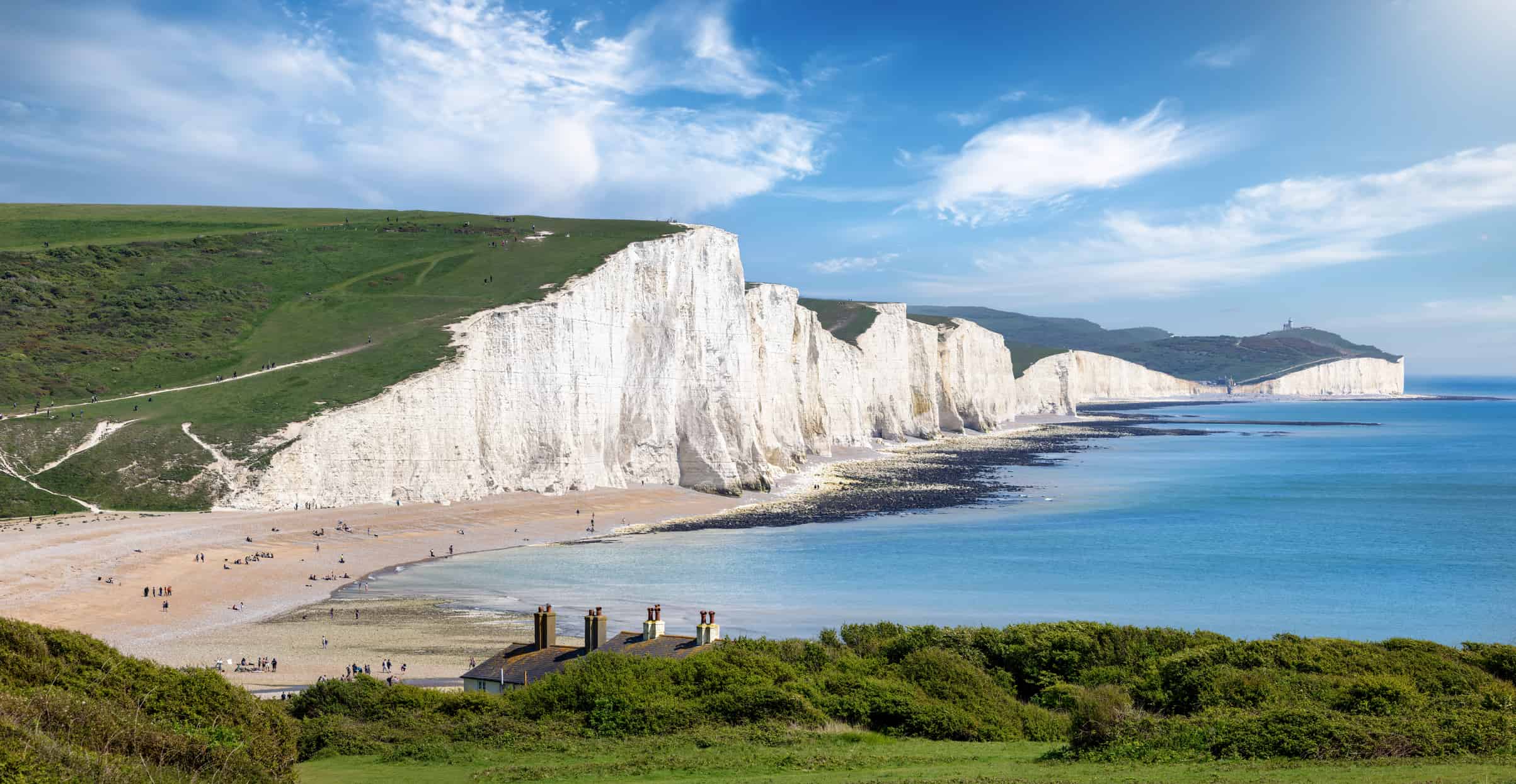 Panorama of the impressive Seven Sisters Chalk cliffs