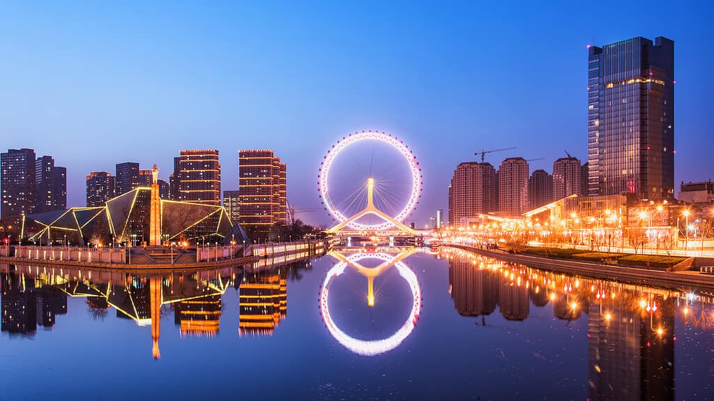 A beautiful reflected image of Tianjin Ferris wheel
