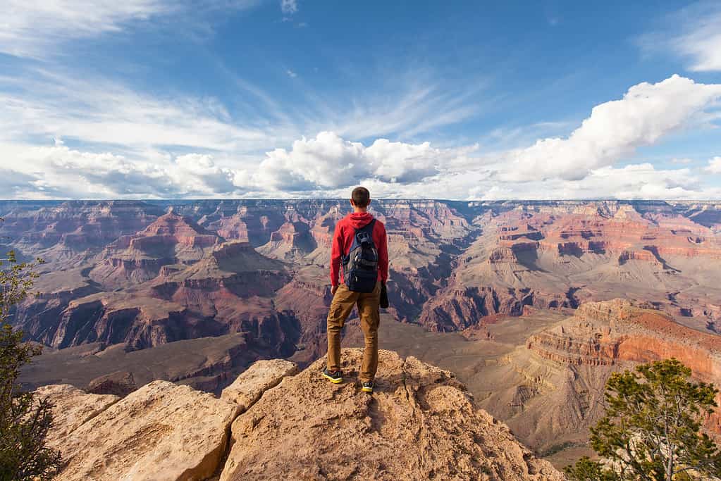 Travel in Grand Canyon, man Hiker with backpack enjoying view