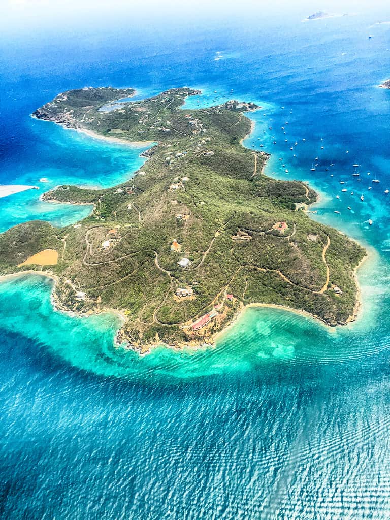 Aerial view of Water Island, across from St Thomas in the US Virgin Islands. Beautiful turquoise water and white sand beaches, moored sailboats.