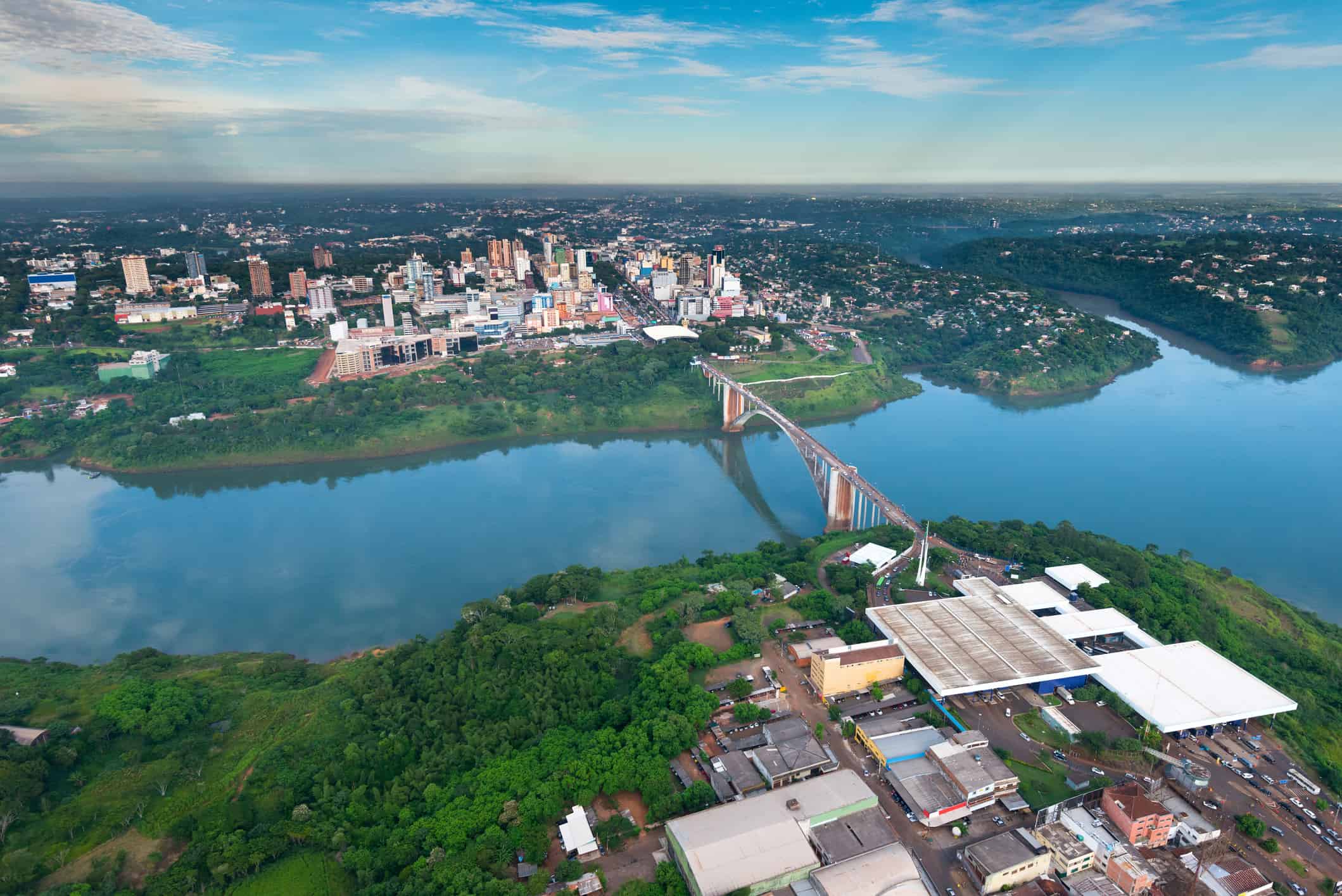 Aerial view of the Paraguayan city of Ciudad del Este and Friendship Bridge