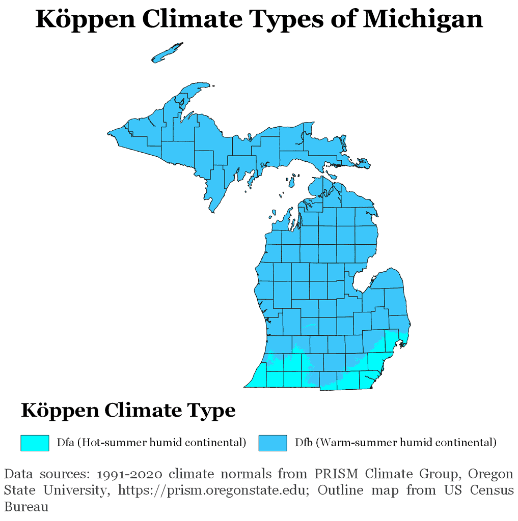 Köppen climate types of Michigan, using 1991-2020 climate normals.